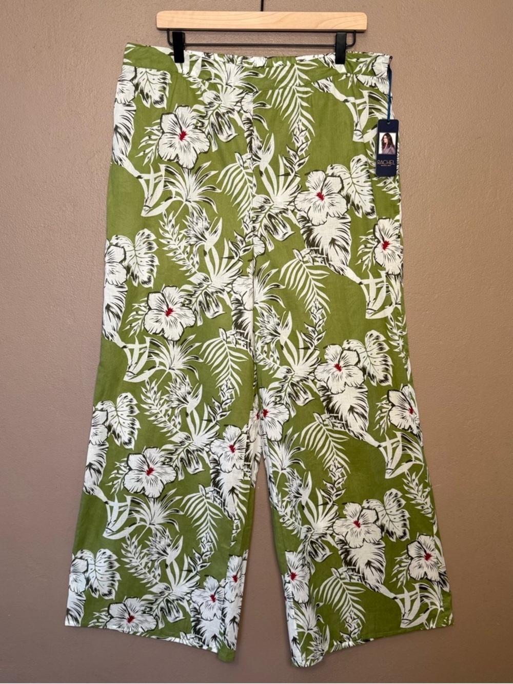 Rachel Rachel Roy Green & White Tropical Wide Leg Trousers Size XL Cotton, Airy